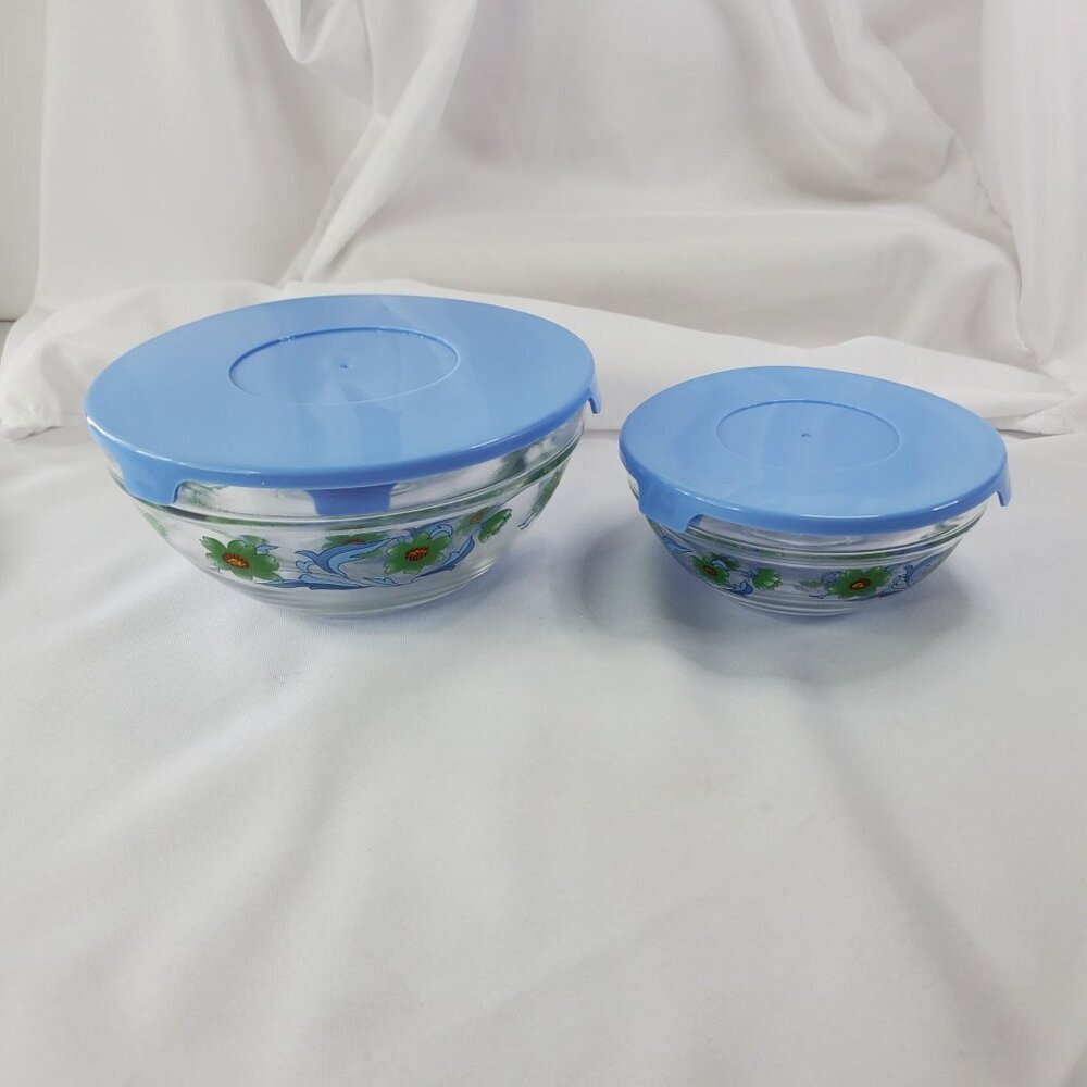 Vintage Imperial Glass Blue Green Flower Nesting Bowls Storage 1970's Set of 4 - Picture 12 of 14
